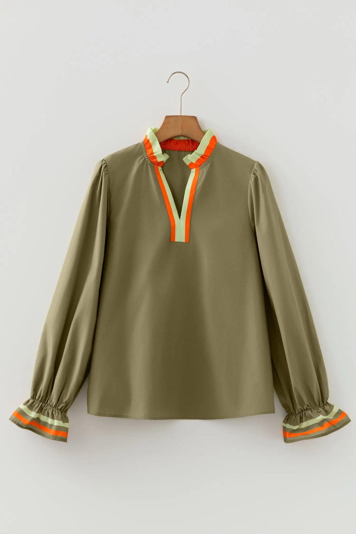 ModishMary Striped Trim Ruffle Split Neck Long Sleeve Blouse MODISHMARY