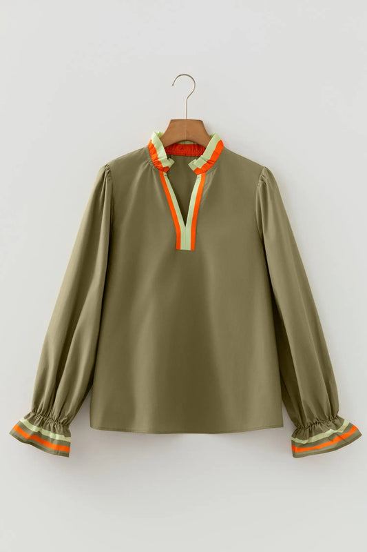 ModishMary Striped Trim Ruffle Split Neck Long Sleeve Blouse MODISHMARY