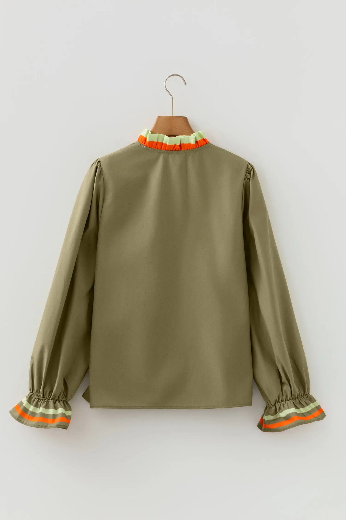 ModishMary Striped Trim Ruffle Split Neck Long Sleeve Blouse MODISHMARY