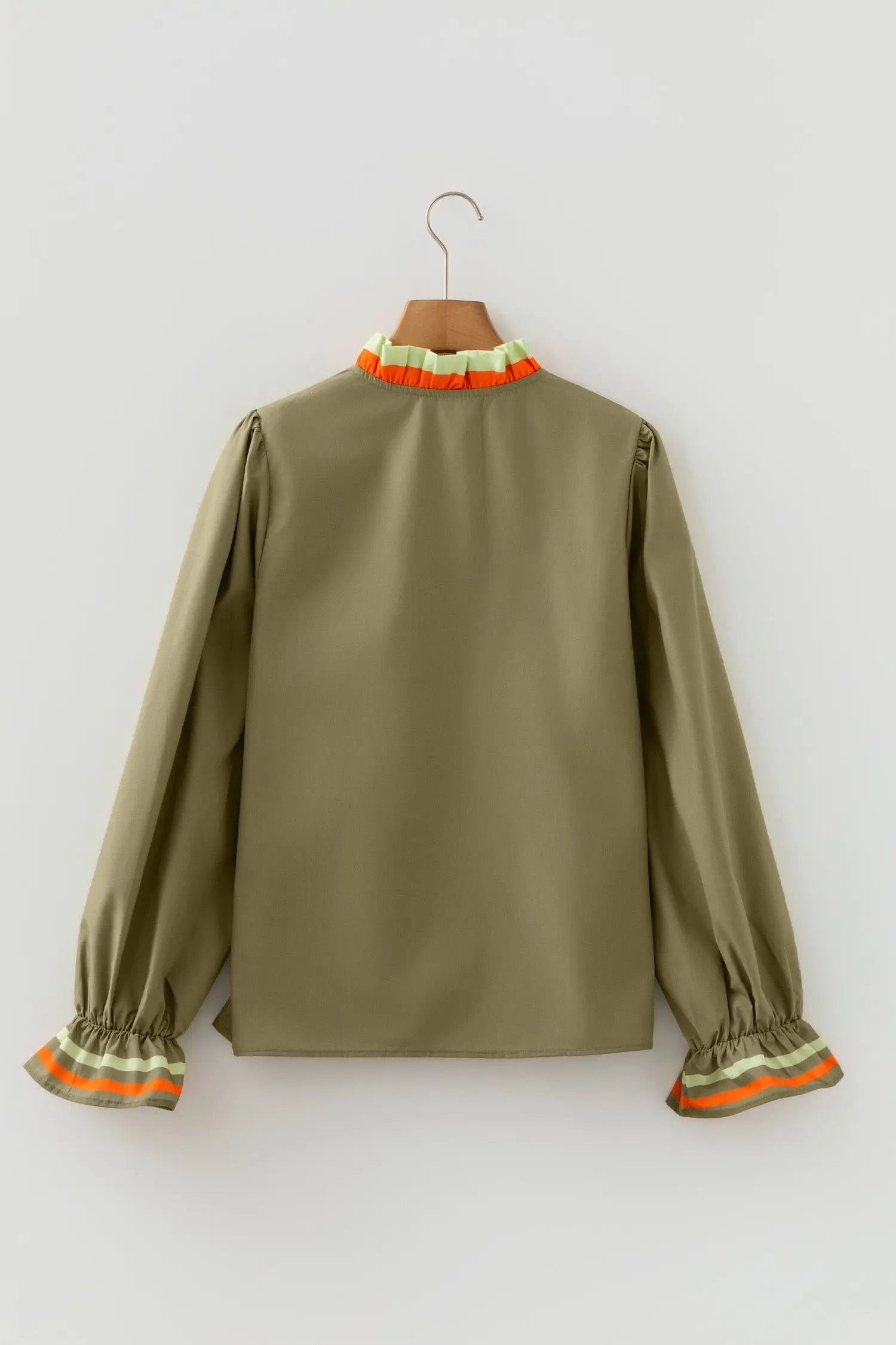ModishMary Striped Trim Ruffle Split Neck Long Sleeve Blouse MODISHMARY